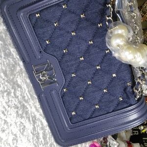 Blue Denim Women's Bag with Silver Studs Accents